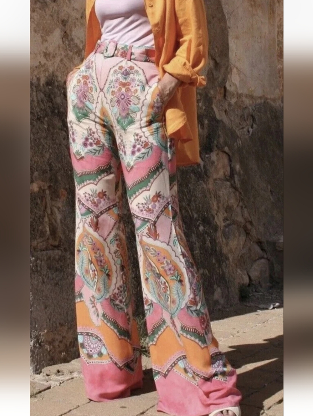Zara Bohemian Floral Wide-Leg Palazzo Pants -Bloggers Fav. Pink & Orange Size L